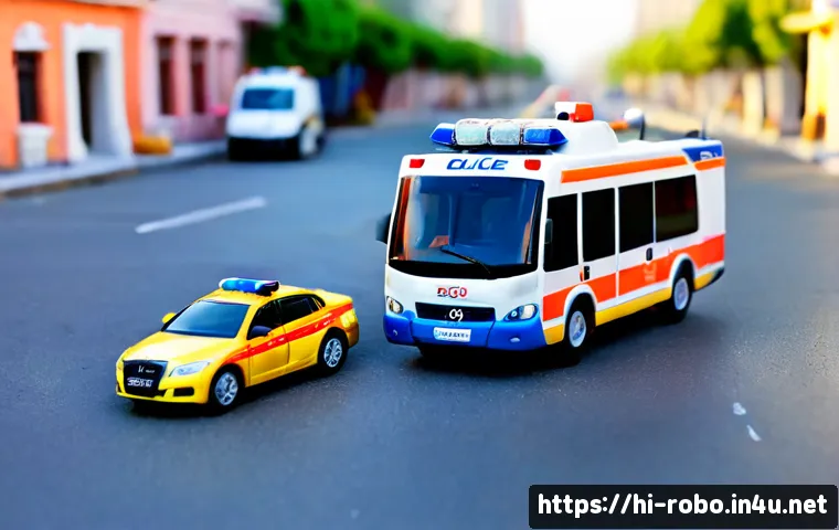 로보카폴리 연출 스타일 - Photorealistic tabletop scene of four friendly transforming rescue vehicle toys—police car, fire tru...