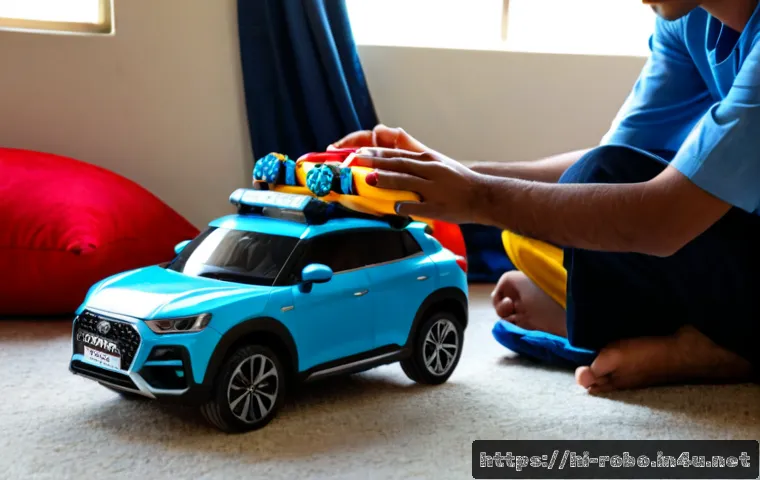 로보카폴리 장난감 사용법 - Photorealistic close-up of an Indian parent and child using a blue transforming rescue-car toy on a ...