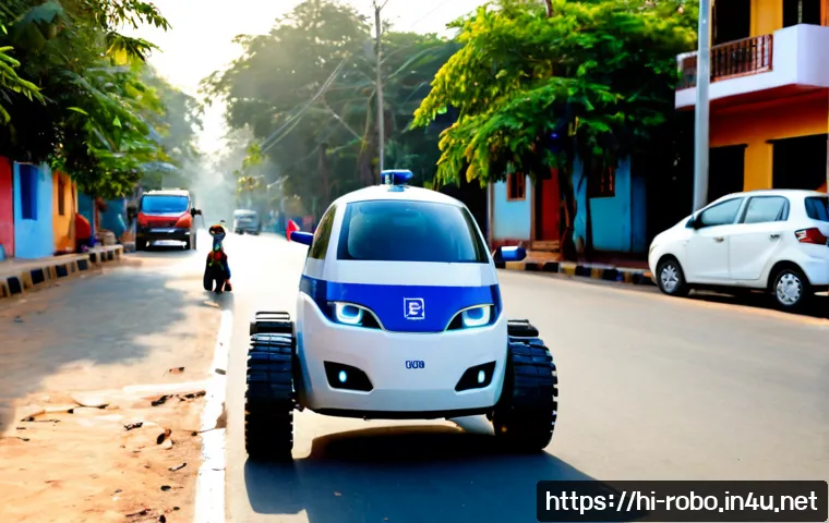 로보카폴리 장면 분석 - Photorealistic cinematic scene of a friendly blue-and-white robotic rescue vehicle stopping at a sun...