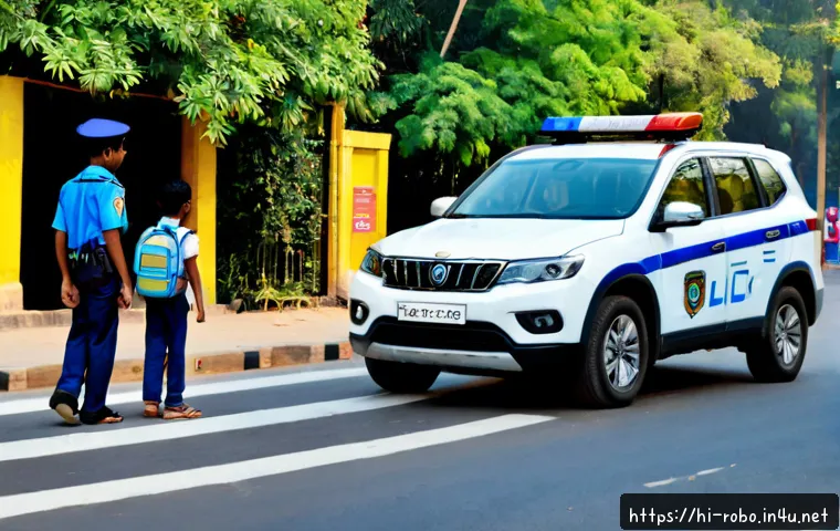 로보카폴리와 안전 사고 예방 - Photorealistic family road-safety scene in an Indian neighborhood, a friendly blue-and-white police ...
